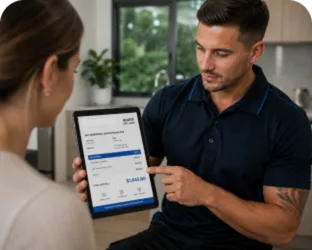 Plumber showing a Glenhaven customer the quote on a tablet