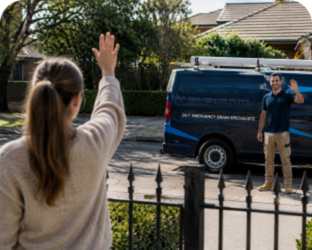 Customer waving goodbye to a Glenhaven Blocked Drains plumber